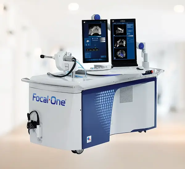 Focal One HIFU machine used by Dr. Wei Phin Tan at NYU Langone, dual-screen workstation with ultrasound probe for prostate focal therapy