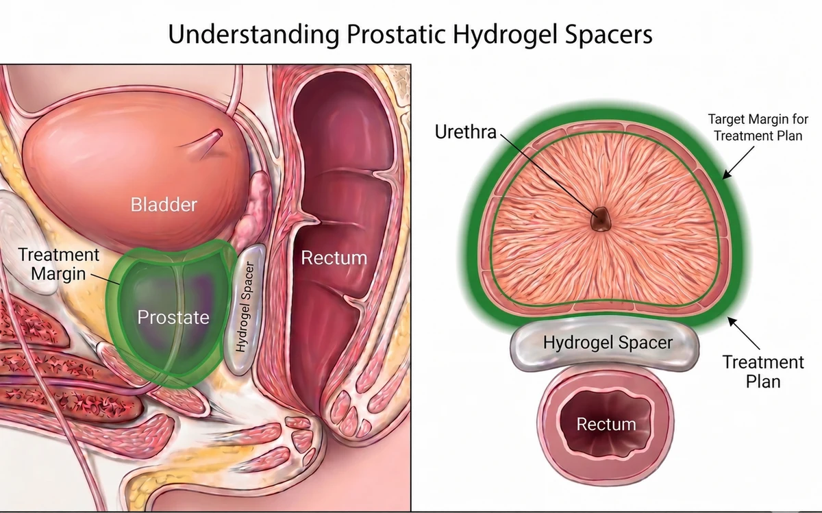 Anatomical illustration of a hydrogel rectal spacer placed between the prostate and rectum during radiation therapy. Sagittal view shows the bladder, prostate, and rectum with the hydrogel spacer creating physical separation. Cross-section view shows the prostate and urethra with the protective treatment margin and target margin around it.