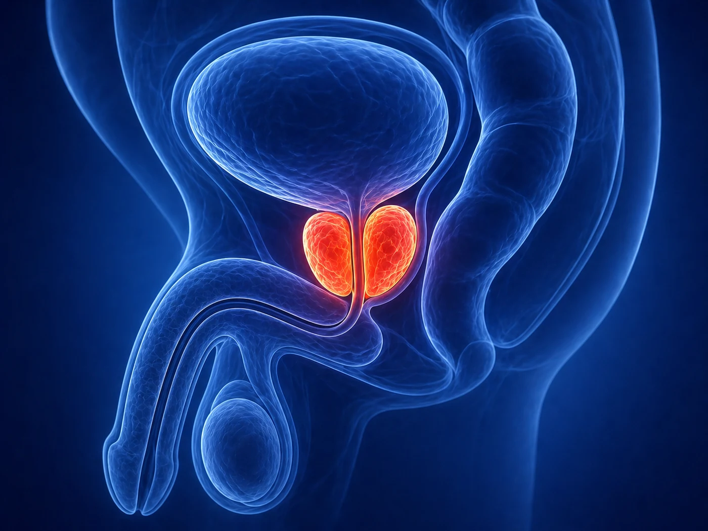 3D anatomical illustration of the male pelvis showing the prostate gland highlighted in red, with bladder, rectum, and surrounding anatomy visualized in blue X-ray style